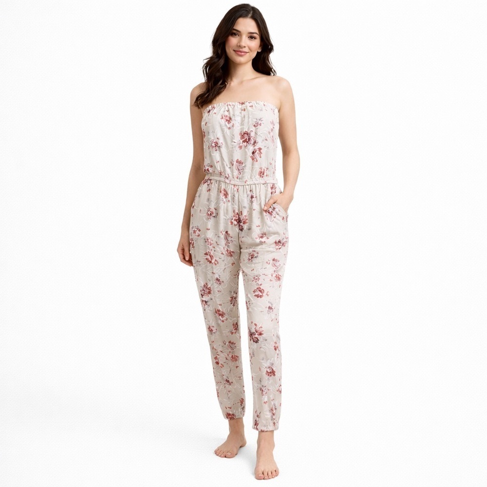Talula Aritzia Floral Strapless Jumpsuit Gray Red Pocket Casual M